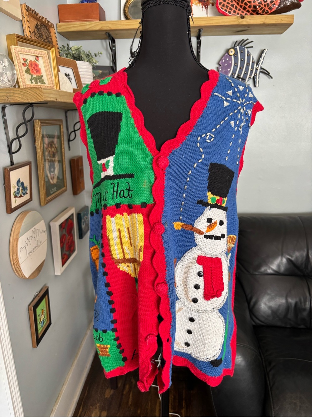 Vtg eagles eye cardigan sweater vest Christmas magic hat snowman womens M